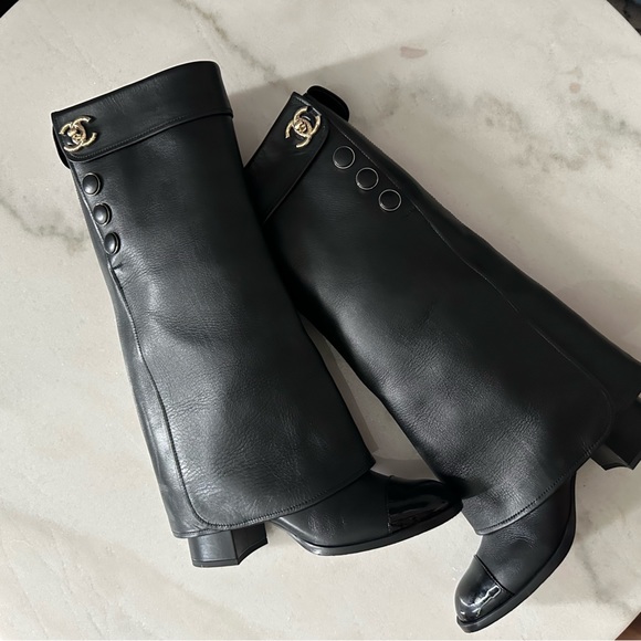 CHANEL Shoes - CHANEL Black Leather Knee-High Boots with Gold CC Accent